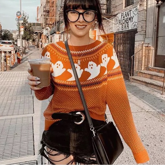 Sweaters - Autumn Ghost Mod Retro Sweater in Orange White